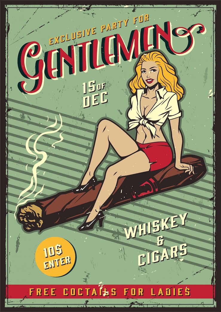 Vetor grátis cartaz de festa vintage cavalheiros com pin up girl