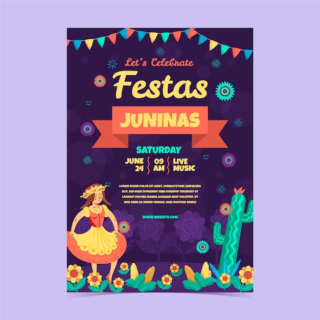 Cartaz de festas juninas desenhado à mão com mulher dançando