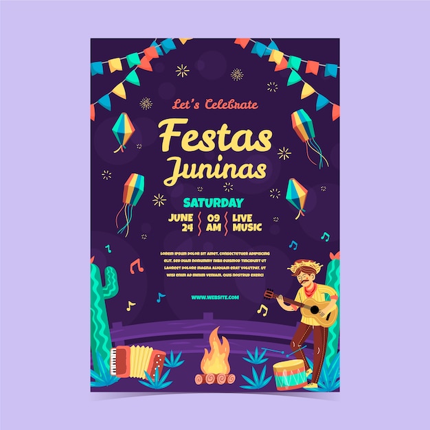 Cartaz de festas juninas desenhado à mão com música