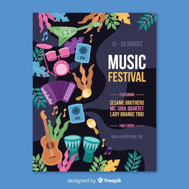 Vetor grátis cartaz de festival de música desenhada de mão