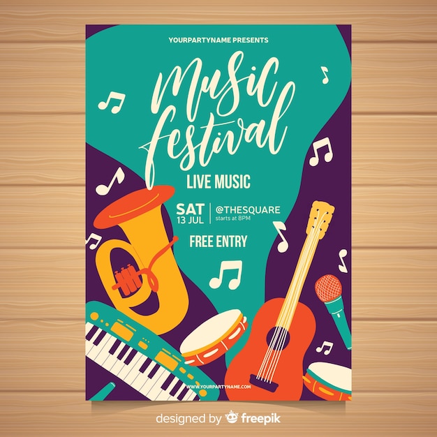 Vetor grátis cartaz de festival de música desenhada de mão