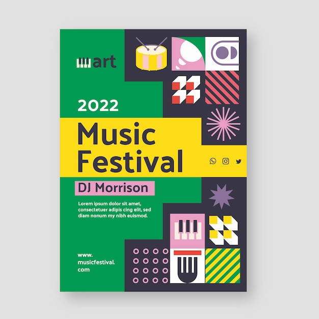 Cartaz de festival de música em mosaico de design plano