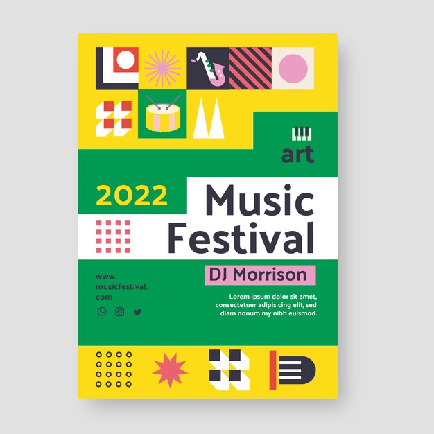 Cartaz de festival de música em mosaico de design plano