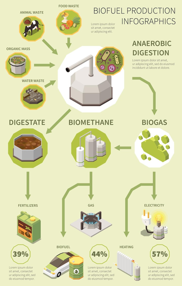 Vetor grátis cartaz de infográficos de biocombustível com processo de produção de coleta de resíduos orgânicos e digestão anaeróbica para ilustração vetorial de eletricidade de fertilizante de biogás