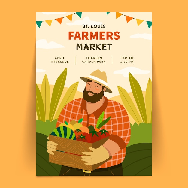 Cartaz de mercado de agricultores de design plano desenhado à mão