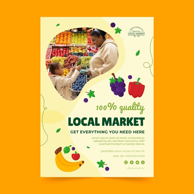 Cartaz de mercado local desenhado à mão