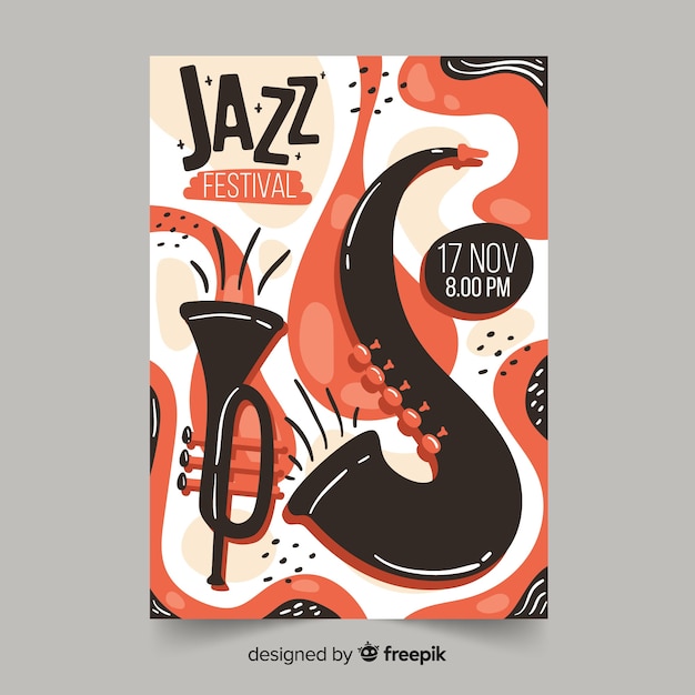 Vetor grátis cartaz de música jazz de modelo desenhado à mão