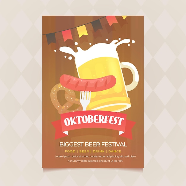 Cartaz de oktoberfest design plano com wurst e cerveja