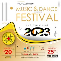Cartaz de panfleto de evento de festa de música de ano novo de 2023 para postagem de mídia social