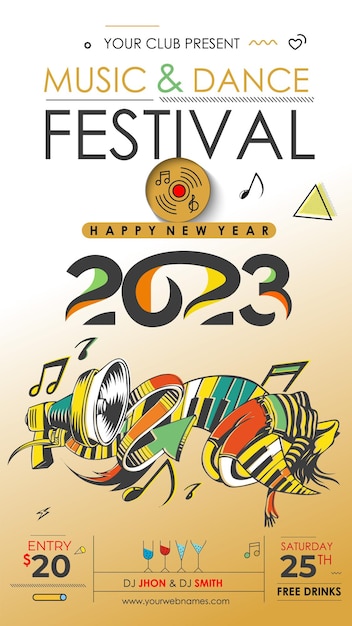 Cartaz de panfleto de evento de festa de música de ano novo de 2023 para postagem de mídia social