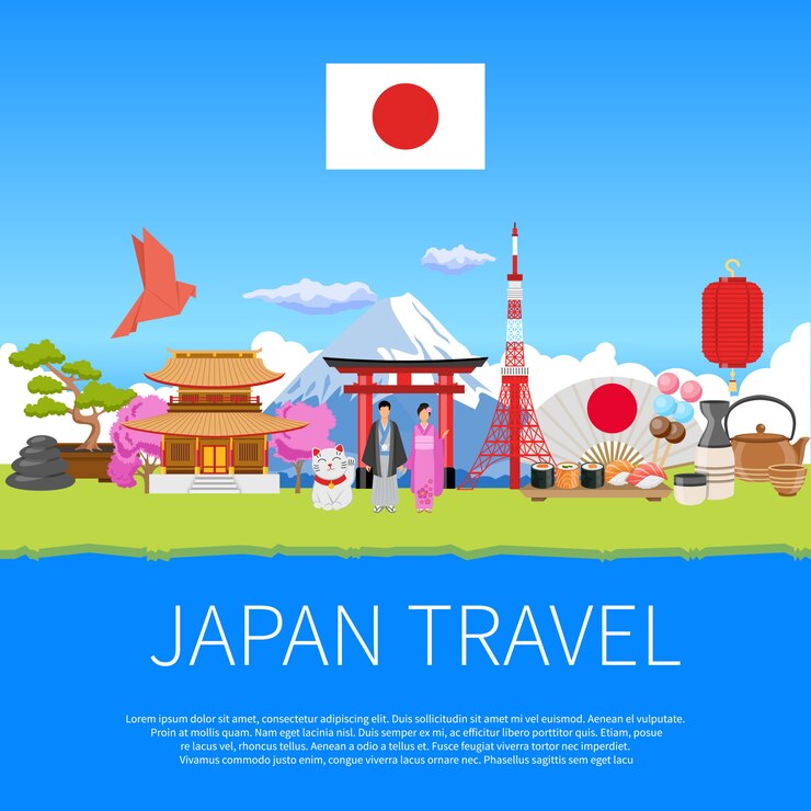 Vetor grátis cartaz de propaganda de composição plana de viagens do japão