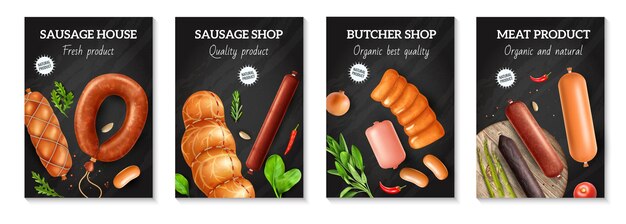 Vetor grátis cartaz de salsicha realista com quatro composições verticais de produtos de carne verdes e ilustração vetorial de texto ornamentado editável