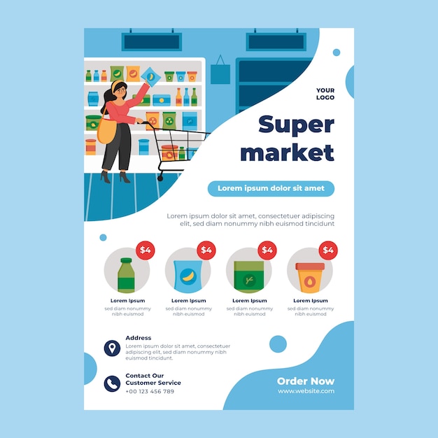 Cartaz de supermercado de design plano