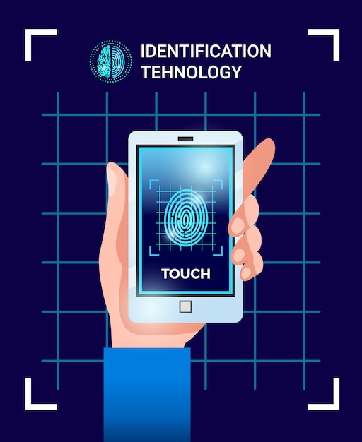 Cartaz de tecnologias de usuário de identificação biométrica com a mão segurando o smartphone com imagem de impressão digital de senha de identificação de tela de toque