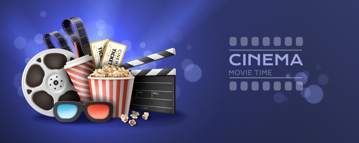 Vetor grátis cartaz de tempo de filme de cinema horizontal realista com carretel de badalo de bilhetes de lanches de óculos 3d em fundo azul com ilustração vetorial bokeh