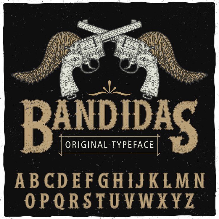 Vetor grátis cartaz de tipo de letra western bandidas com ilustração vetorial de dois revólveres e asas