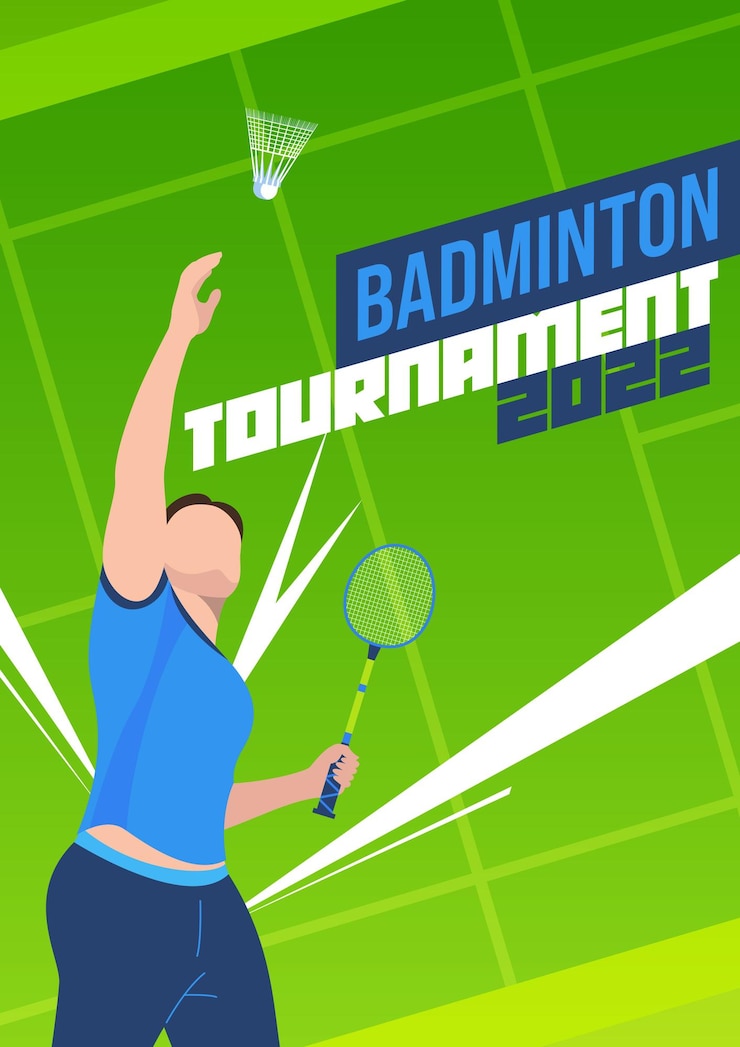 Vetor grátis cartaz de torneio de badminton vertical plano com atleta do sexo masculino segurando raquete jogando peteca no fundo com ilustração vetorial de quadra verde