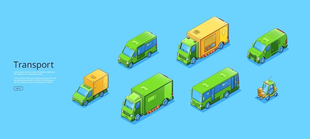 Cartaz de transporte com caminhões e ônibus isométricos