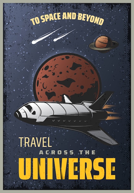 Cartaz de universo colorido vintage com inscrição de nave espacial cometas e planetas caindo no fundo do espaço