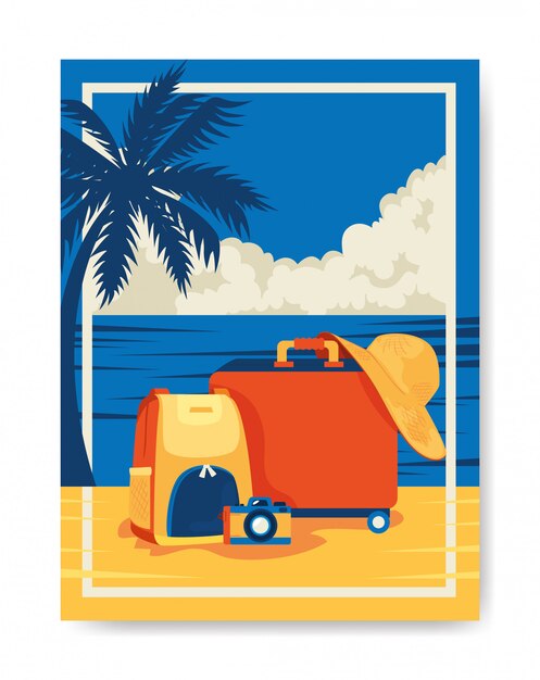 Cartaz de viagem com bagagem na praia