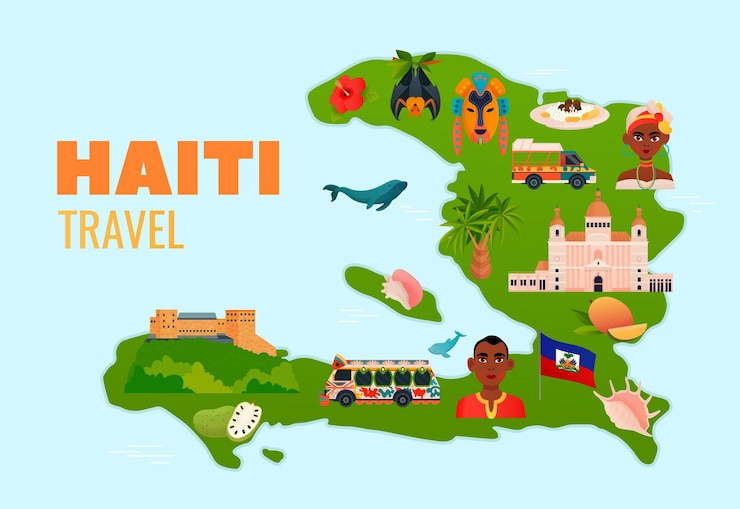 Vetor grátis cartaz de viagem do haiti com símbolos da cultura haitiana plana na ilustração vetorial do mapa