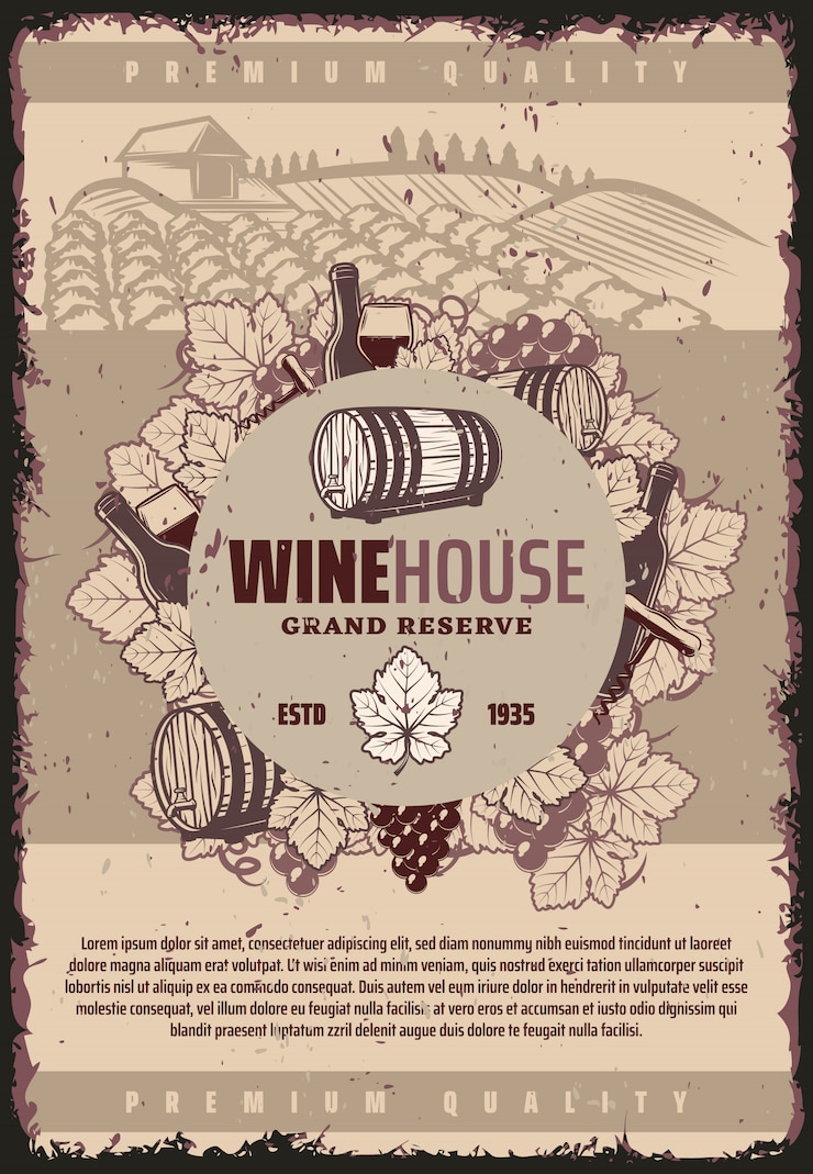 Vetor grátis cartaz de vinícola vintage com taças de vinho de barril de madeira, garrafas de vinho cacho de uvas em saca-rolhas na paisagem do vinhedo