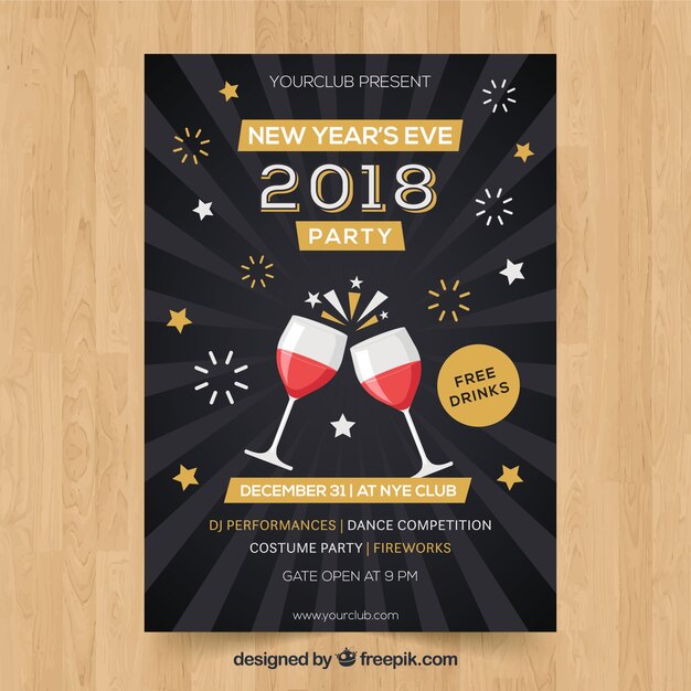 Cartaz do ano novo do ano com copos de vinho e fogos de artifício