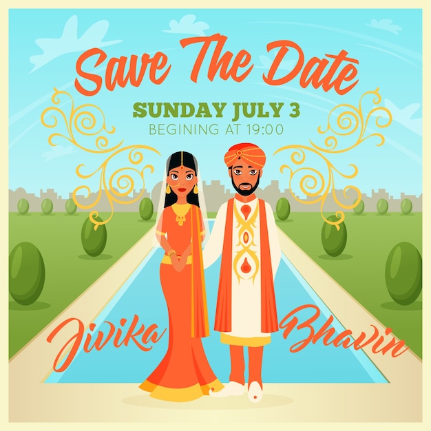 Vetor grátis cartaz do casal do casamento dos indianos