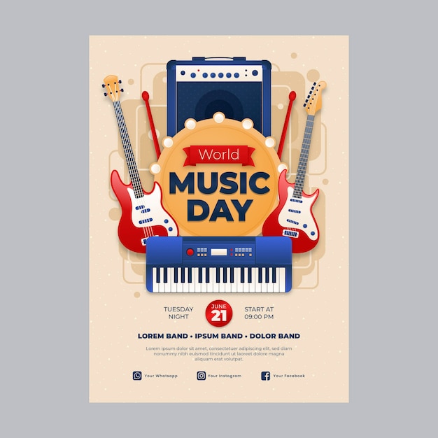 Vetor grátis cartaz do dia da música mundial gradiente com instrumentos
