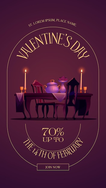 Cartaz do dia dos namorados com oferta especial de venda. folheto de vetor de jantar romântico para casal na data. ilustração dos desenhos animados do interior do restaurante com mesa de jantar, cadeiras, velas