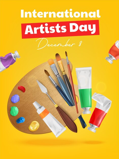 Cartaz do dia internacional do artista com pincéis de paleta de cores e ilustração vetorial realista de tubos de tinta