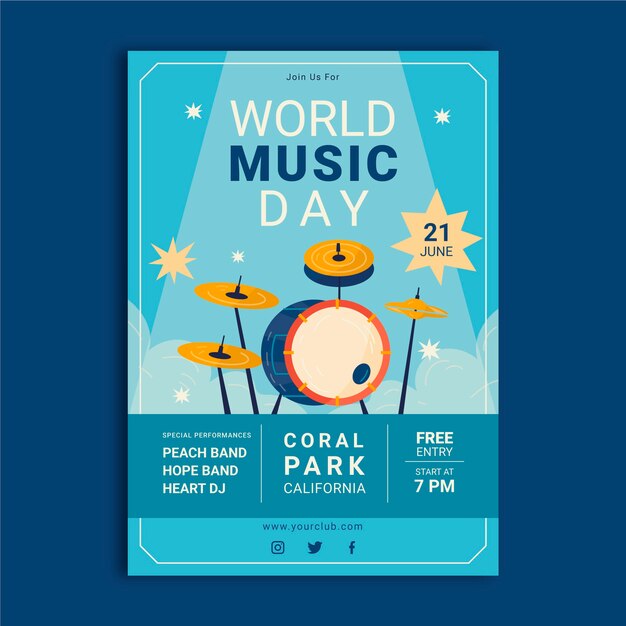 Cartaz do dia mundial da música desenhada à mão com bateria