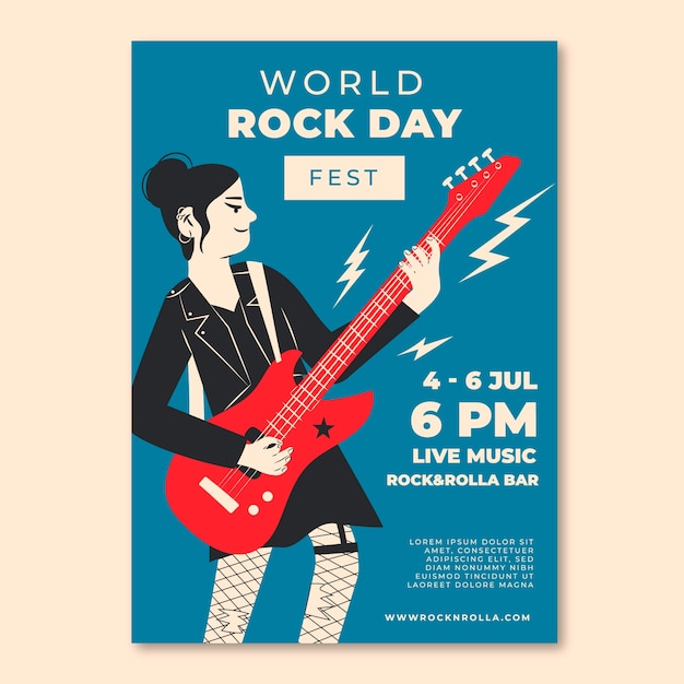 Vetor grátis cartaz do dia mundial do rock desenhado à mão