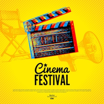 Cartaz do festival de cinema. fundo do vetor com ilustrações desenhadas à mão