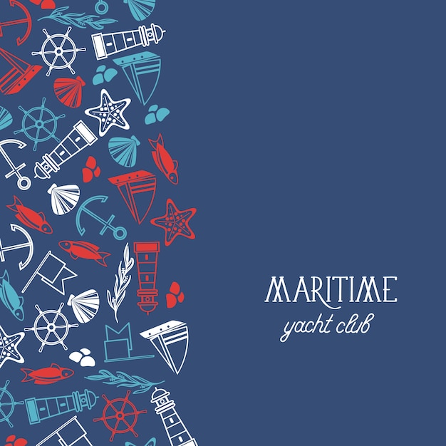 Vetor grátis cartaz do iate clube marítimo com vários símbolos, incluindo peixe, navio, estrelas vermelhas e bandeiras no azul