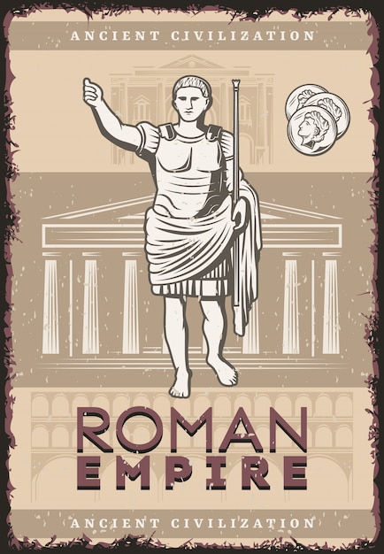 Vetor grátis cartaz do império romano vintage com moedas de inscrição júlio césar em edifícios da civilização antiga de roma