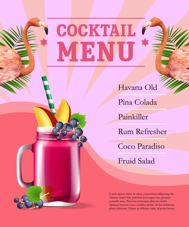 Vetor grátis cartaz do menu de coquetel. suco de frutas e flamingos e folhas de palmeira