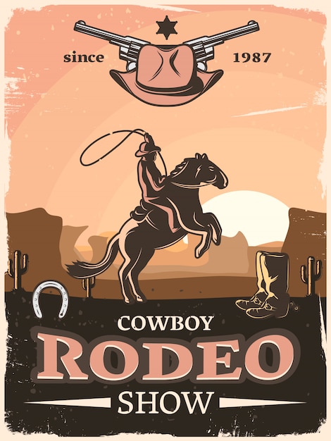 Vetor grátis cartaz do oeste selvagem vintage com descrições de show de rodeio de cowboy desde 1987 e cavaleiro com laço