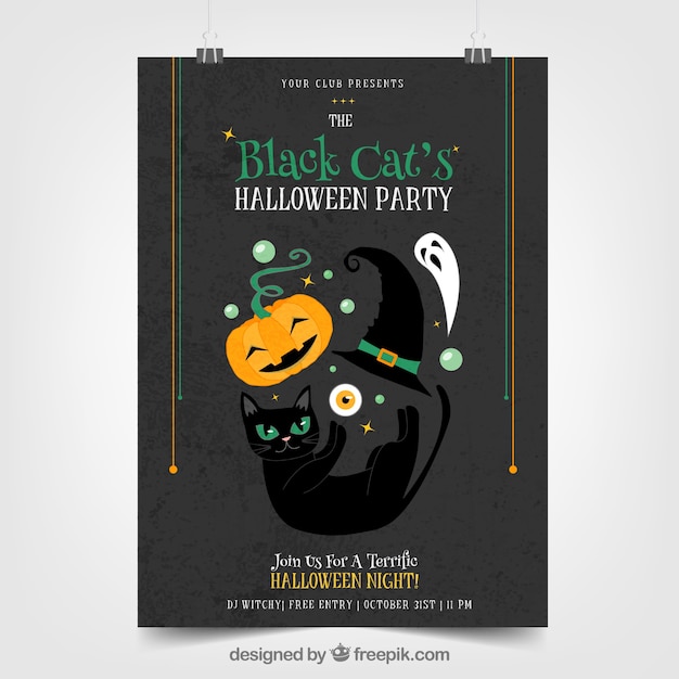 Vetor grátis cartaz do partido de halloween com gato e outros elementos