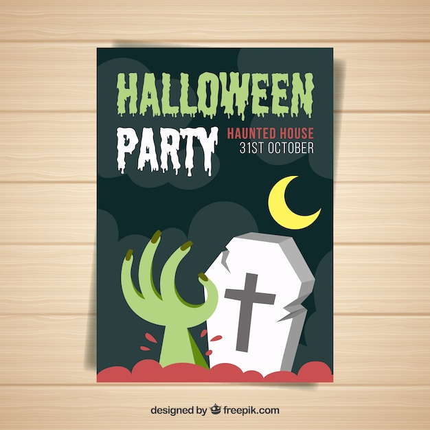 Cartaz do partido de halloween com mão e túmulo