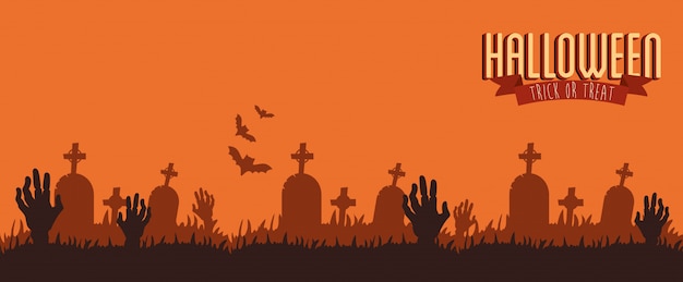 Cartaz halloween com zumbi de mãos no cemitério