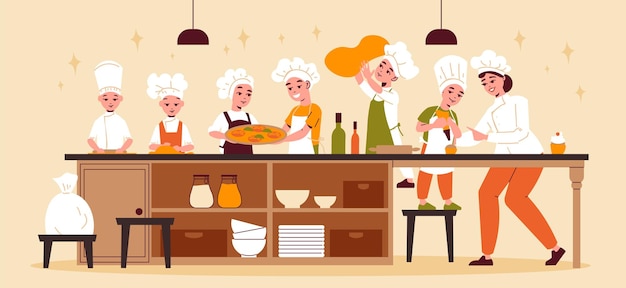 Vetor grátis cartaz horizontal de aulas de culinária com grupo de crianças engraçadas cozinhando em mesa longa sob a orientação de ilustração vetorial de chef feminino