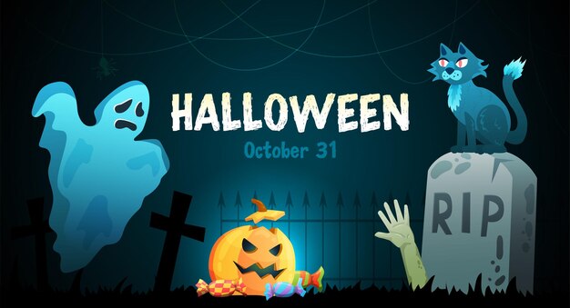 Cartaz horizontal de experiência assustadora de festa de Halloween com lápide de cemitério assustador fantasma gato cabeça de abóbora