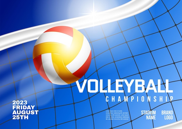 Cartaz horizontal realista de campeonato de vôlei com bola e rede na ilustração vetorial de fundo azul