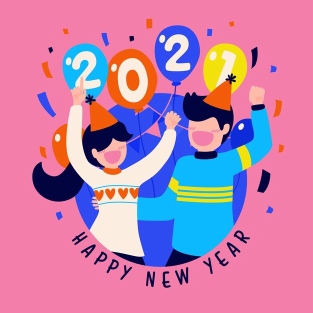 Cartaz ou banner de festa de feliz ano novo de 2021 com ícones de caixa de presente