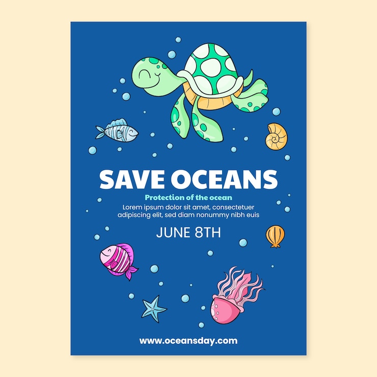 Vetor grátis cartaz ou folheto desenhado à mão do dia mundial dos oceanos