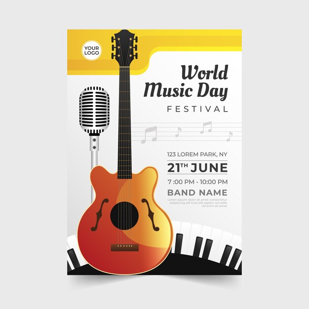 Cartaz ou folheto gradiente desenhado à mão do dia mundial da música