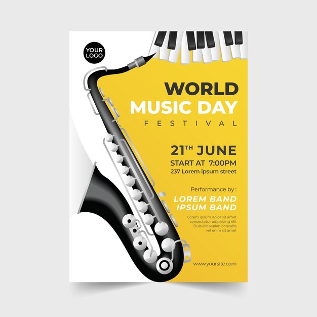 Cartaz ou folheto gradiente desenhado à mão do dia mundial da música