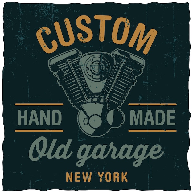 Vetor grátis cartaz personalizado de garagem antiga com motor de motocicleta desenhado à mão em preto