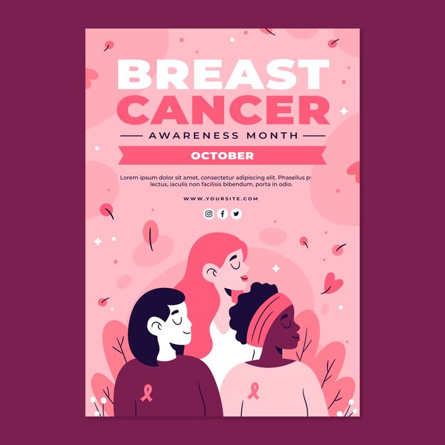 Cartaz plano desenhado à mão do mês de conscientização do câncer de mama